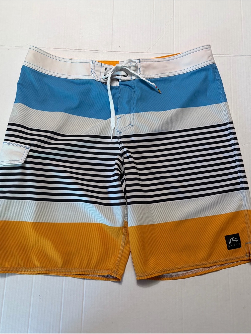 Rusty Board Shorts Mens 34 Blue Orange Striped Surf Swim Trunks Cargo Pocket